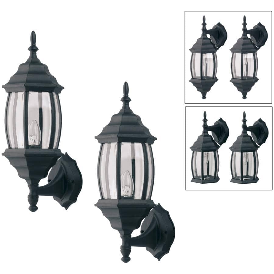 Outdoor Downward or Upward Coach Light Fixture - Black with Clear Bevelled Glass, 17'', 2 Pack