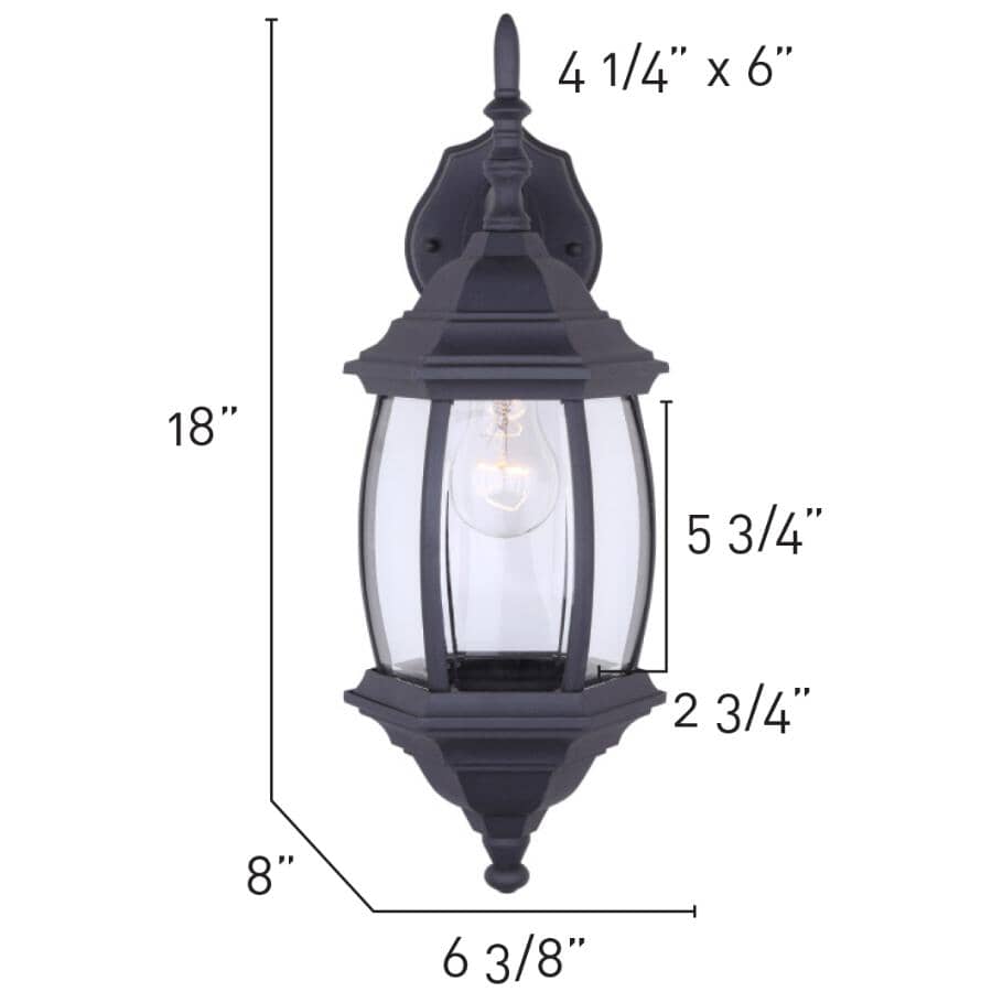 Outdoor Downward or Upward Coach Light Fixture - Black with Clear Bevelled Glass, 17'', 2 Pack