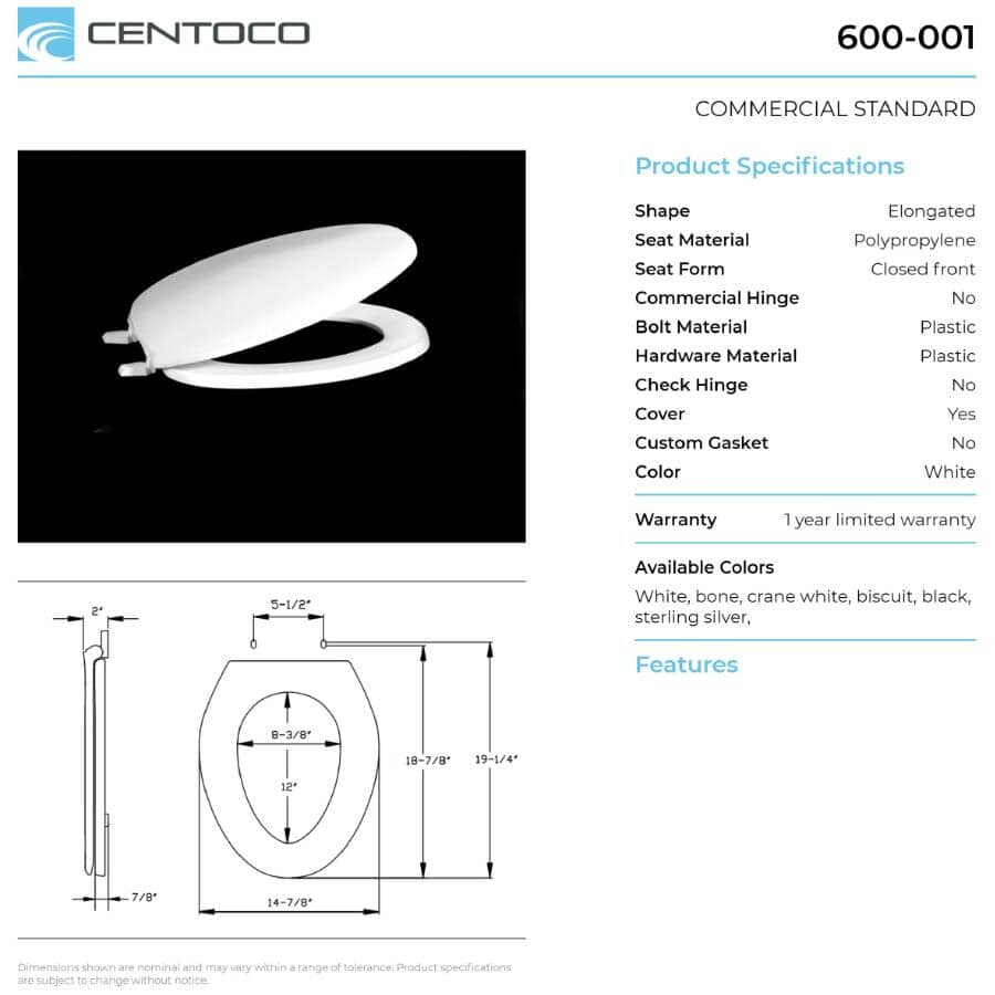 Elongated Plastic Toilet Seat - with Closed Front, White