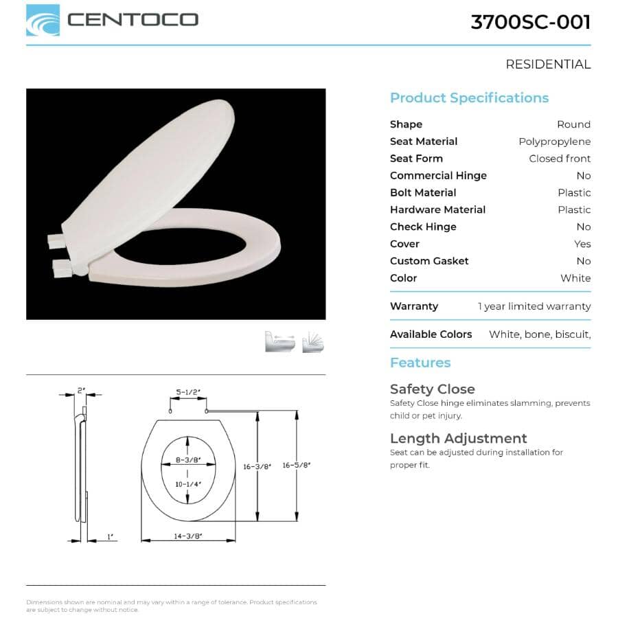 Round Plastic Toilet Seat - with Closed Front + Slow Close, White