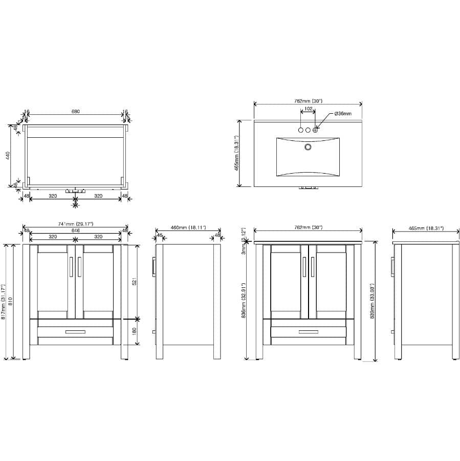 30" W x 18" D Clare Vanity with China Top - White