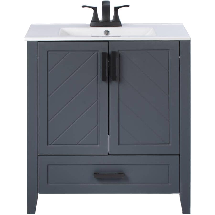 30" W x 18" D Saffron Vanity with Vitreous China Top - Two Doors + Single Drawer, Dark Blue