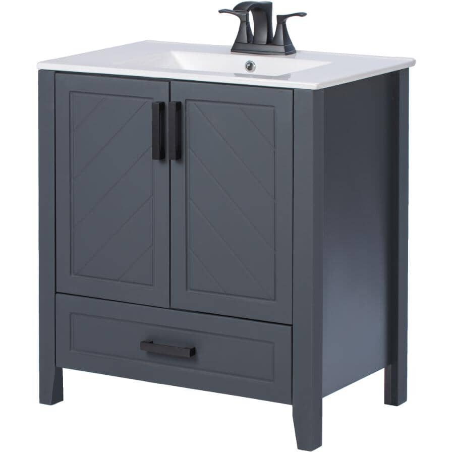 30" W x 18" D Saffron Vanity with Vitreous China Top - Two Doors + Single Drawer, Dark Blue