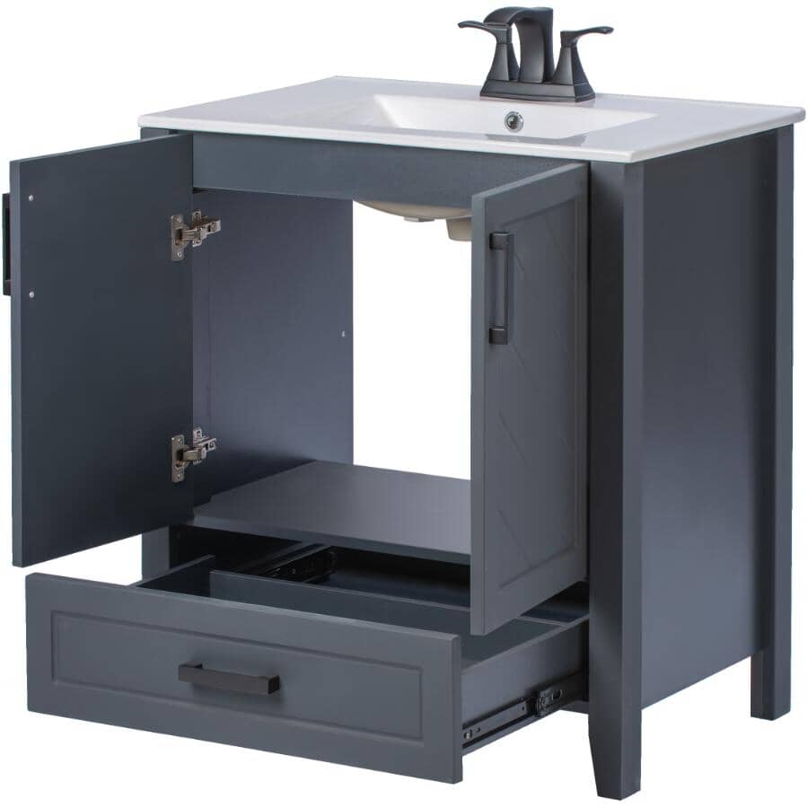 30" W x 18" D Saffron Vanity with Vitreous China Top - Two Doors + Single Drawer, Dark Blue