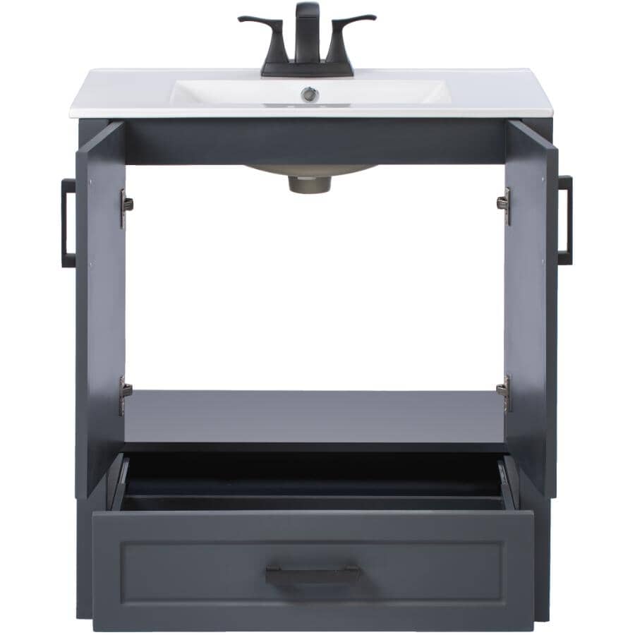 30" W x 18" D Saffron Vanity with Vitreous China Top - Two Doors + Single Drawer, Dark Blue