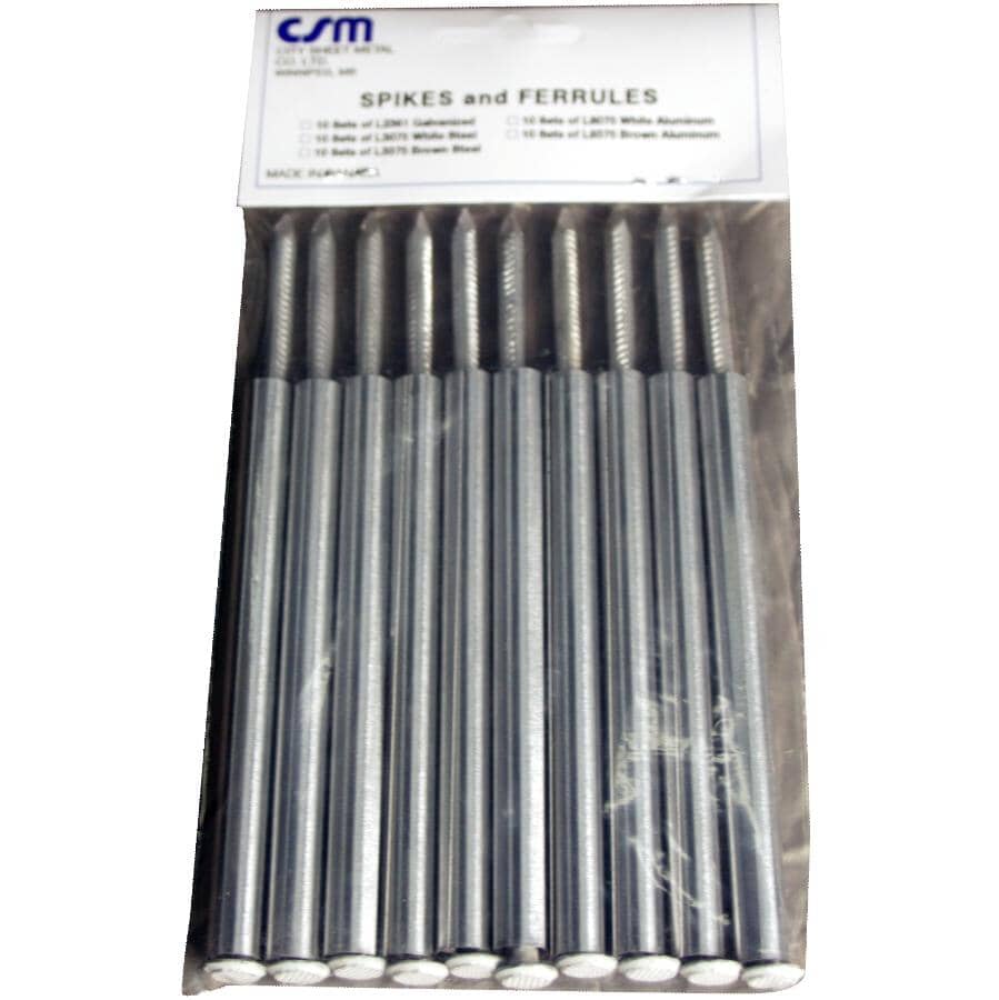7" Aluminum Gutter Spikes & 5" Ferrules - White, 10 Pack