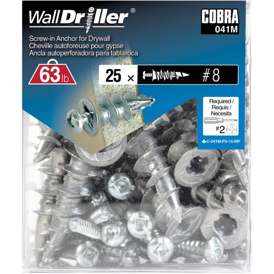 25 Pack #8L Zinc Plated Walldriller Anchors, with Screws