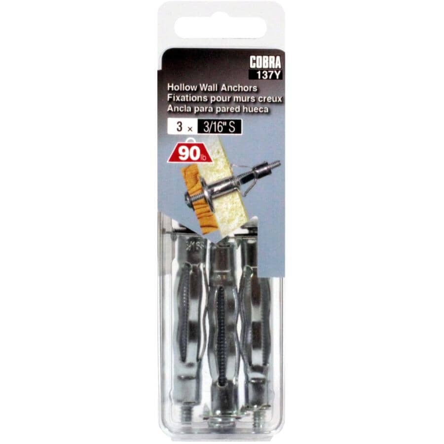 3 Pack 3/16" Zinc Plated Short Hollow Wall Anchors