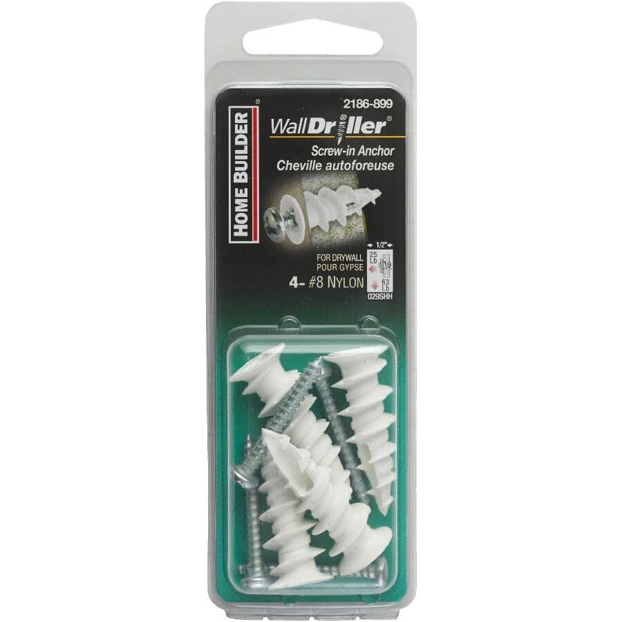 4 Pack #8L Nylon Walldriller Anchors, with Screws