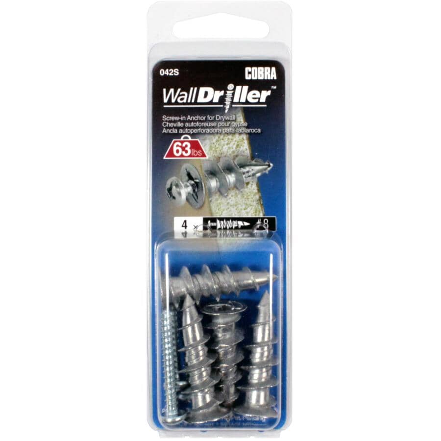 4 Pack #8L Zinc Plated Walldriller Anchors, with Screws
