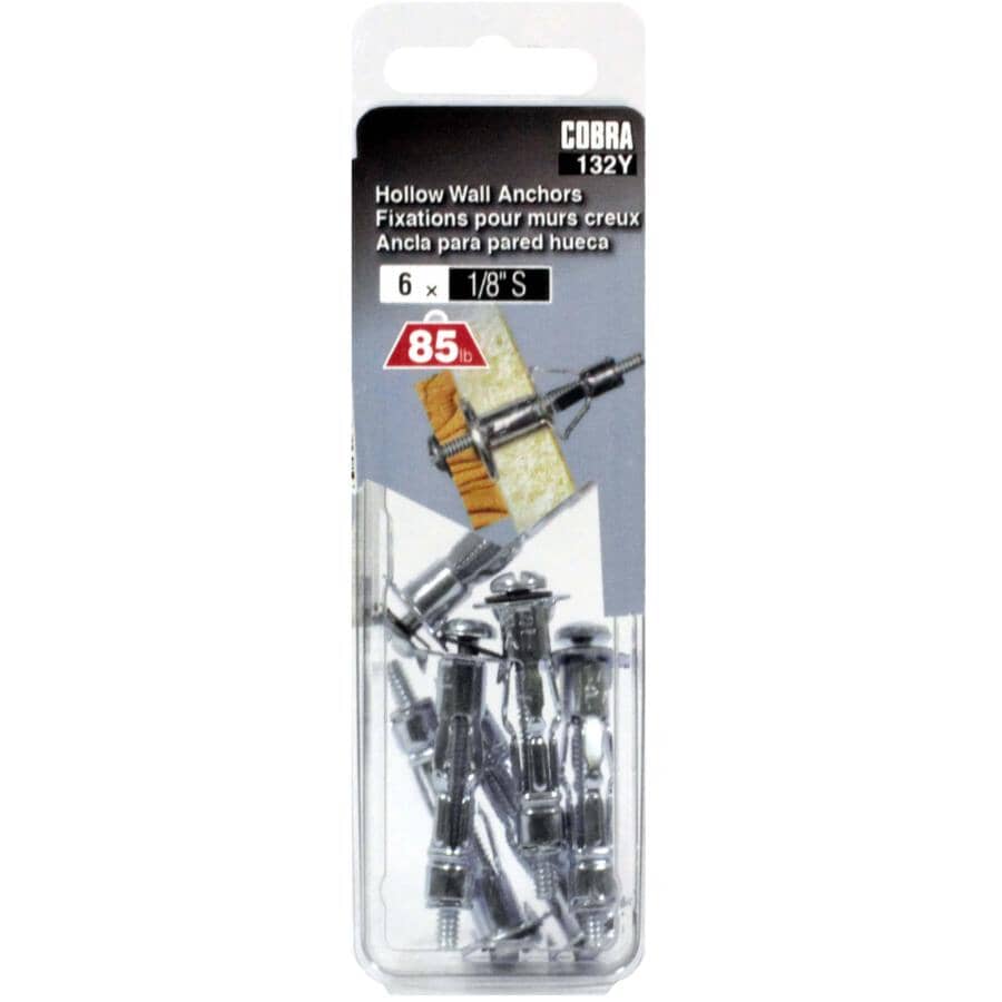 6 Pack 1/8" Zinc Plated Short Hollow Wall Anchors