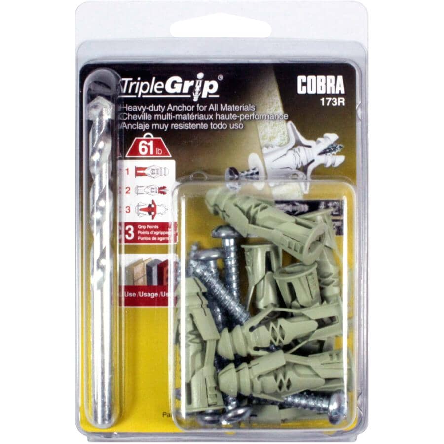 8 Pack #12 Green Plastic Anchors, with Screws and Bit