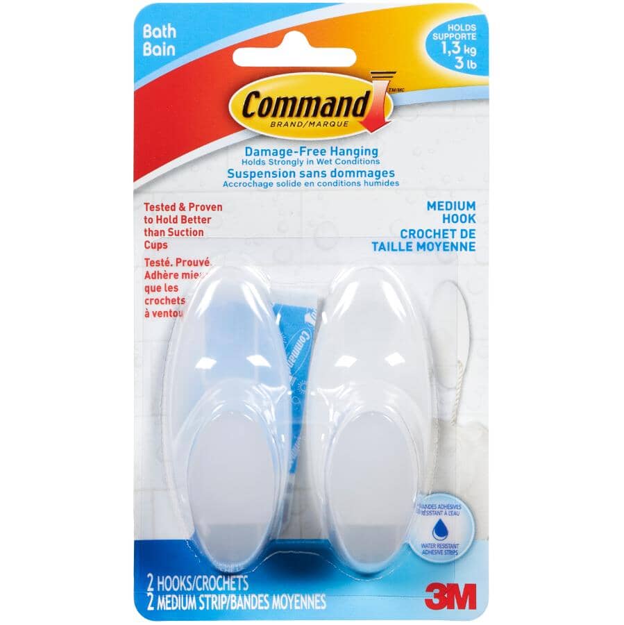2 Pack Medium Adhesive Bath Hooks, with Water Resistant Strips