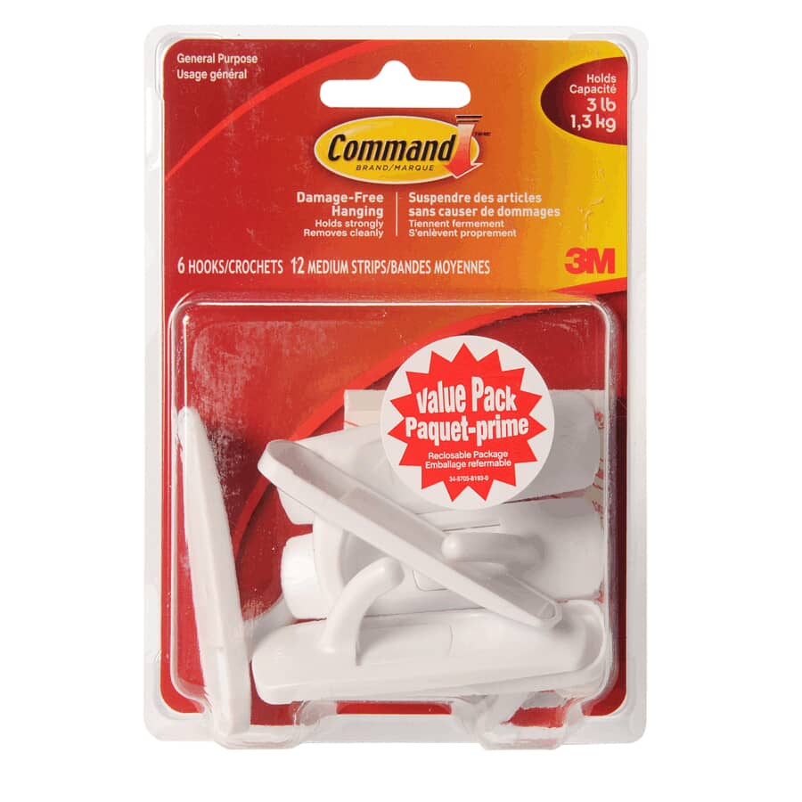 6 Hooks Plus 12 Strips Medium White Adhesive Hooks