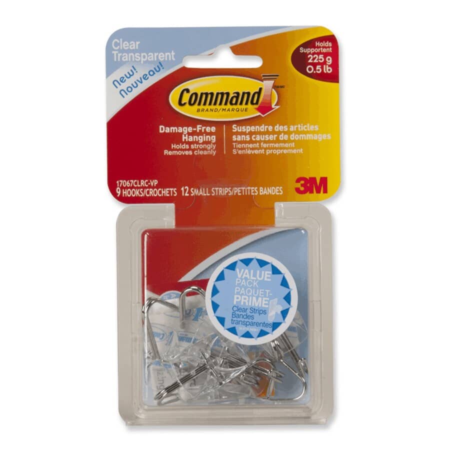 9 Hooks Plus 12 Strips Wire Clear Adhesive Hooks