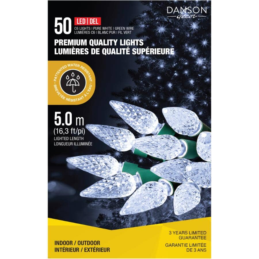 C6 Light Set with Green Wire - Pure White, 50 LEDs