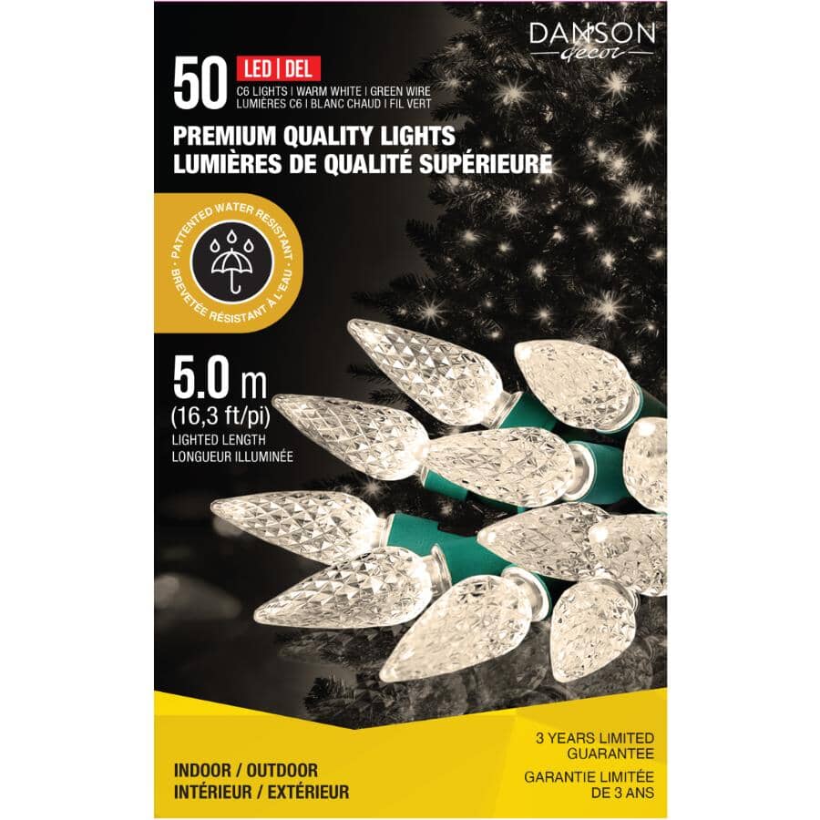 C6 Light Set with Green Wire - Warm White, 50 LEDs