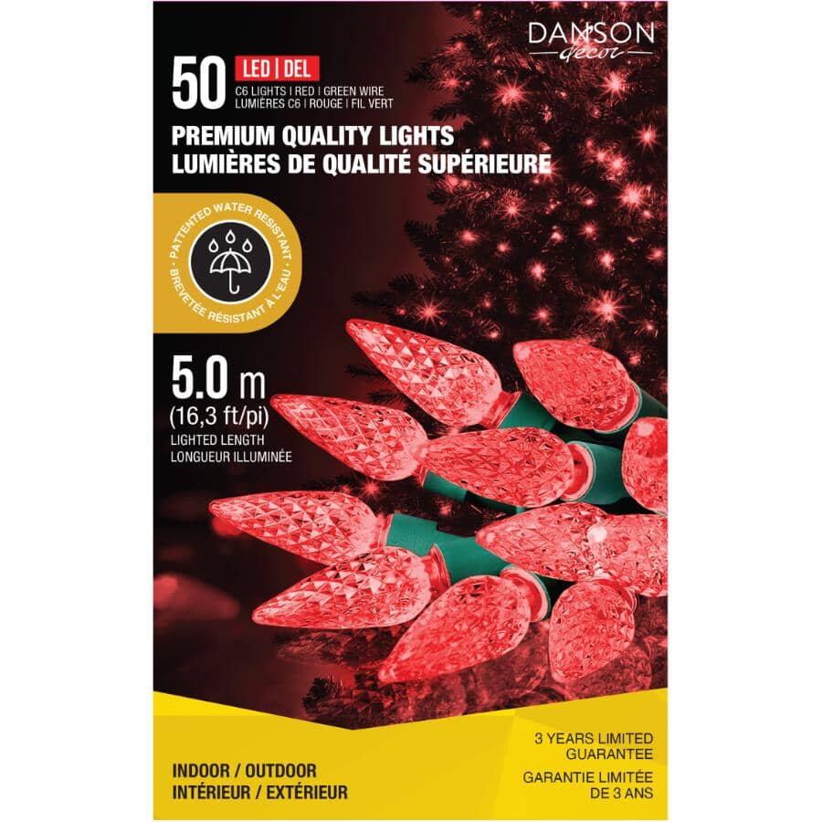 C6 Light Set with Green Wire - Red, 50 LEDs