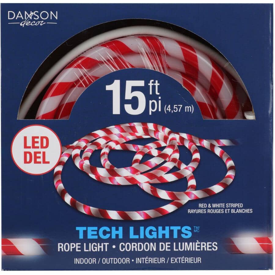 LED Round Rope Light - Candy Cane Stripe, 15'