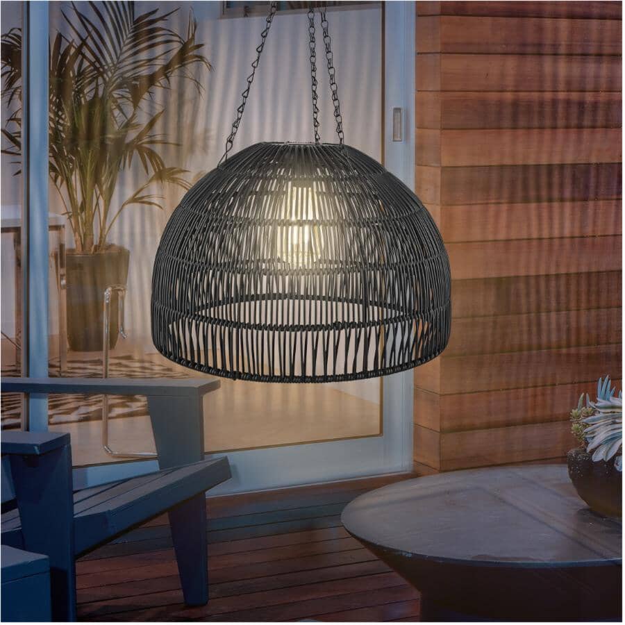 Solar Hanging Lantern with Rattan Style Shade - Black Finish, Warm White