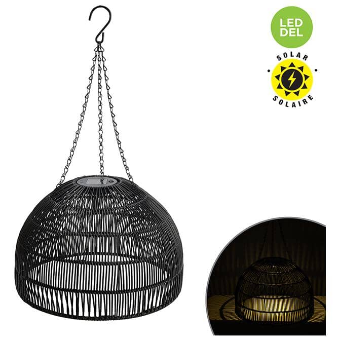 Solar Hanging Lantern with Rattan Style Shade - Black Finish, Warm White