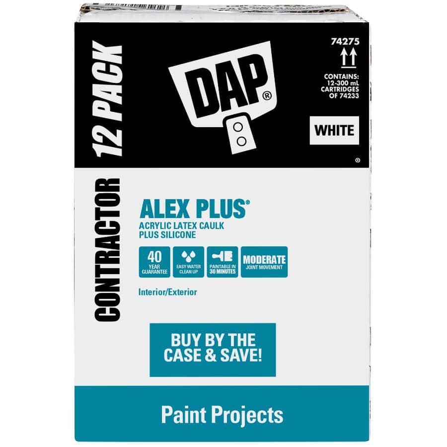 Alex Plus Acrylic Latex Caulk Plus Silicone - Brilliant White, 300 ml, 12 Pack