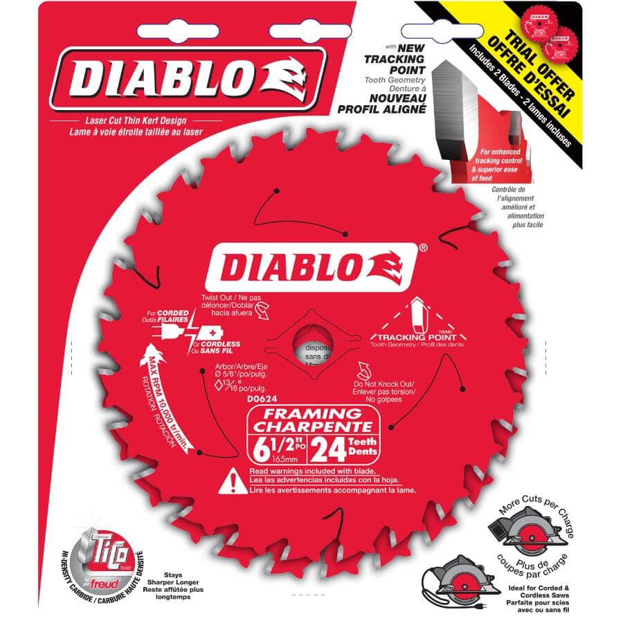 6-1/2" 24 Tooth Carbide Framing Circular Saw Blades - 2 Pack