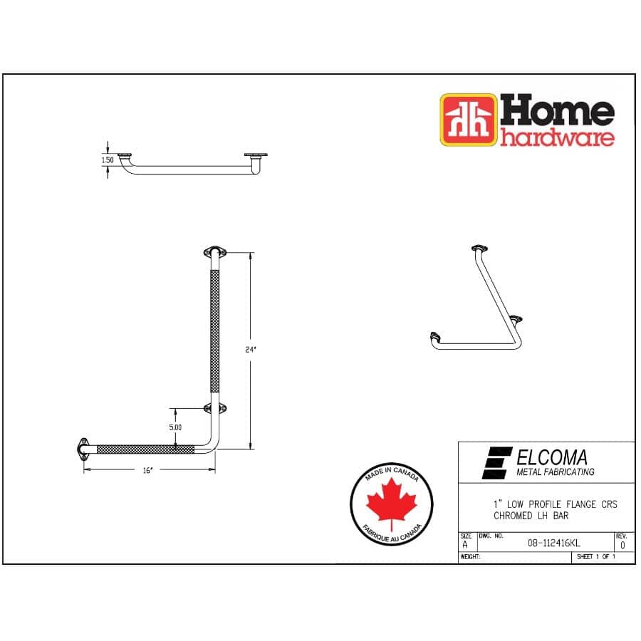 16" x 24" L-Shaped Left Hand Grab Bar - Chrome