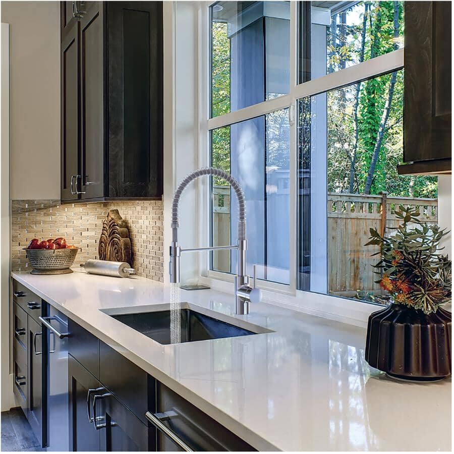 Favos Single Handle Pull-Down Kitchen Faucet with Dual Spray + Spring Spout - Chrome