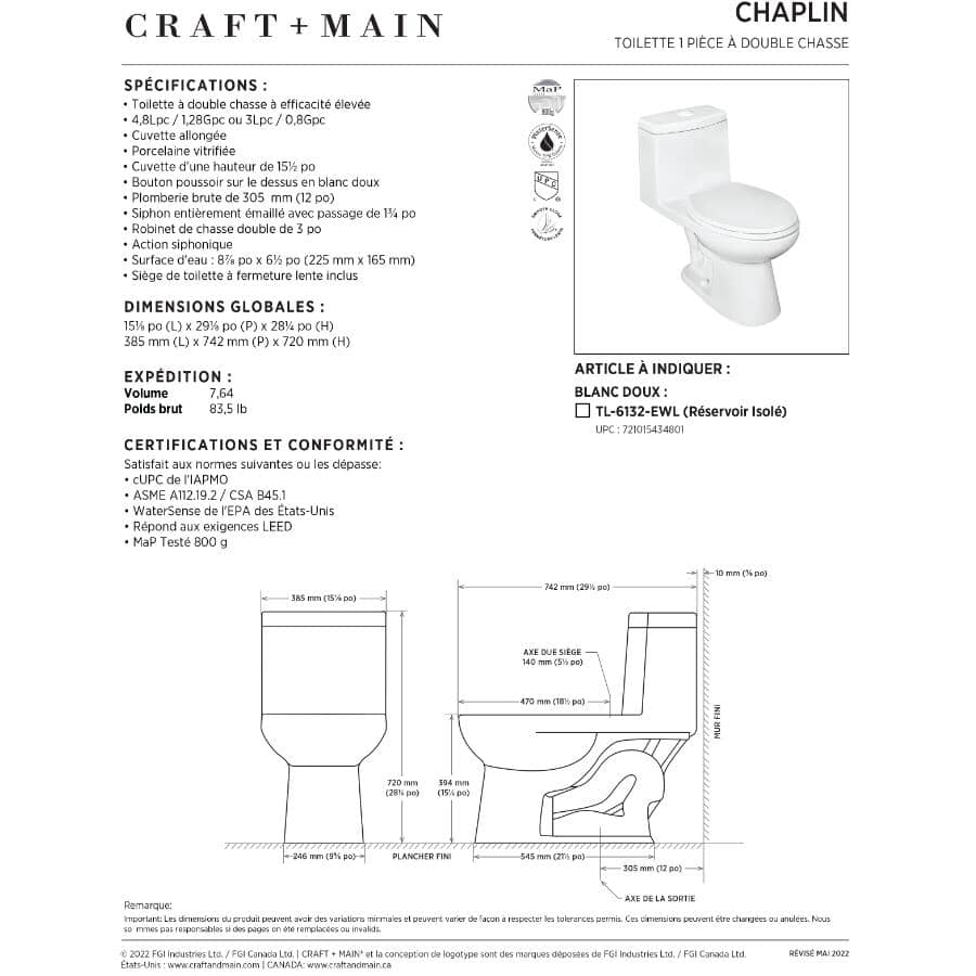 3 L/4.8 L Chaplin High Efficiency Dual Flush Elongated Toilet - White