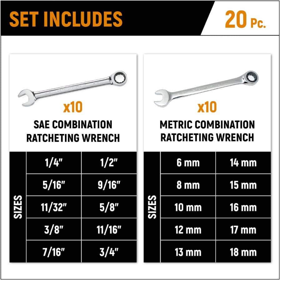 Metric & SAE Ratchet Wrench Set - 20 Piece