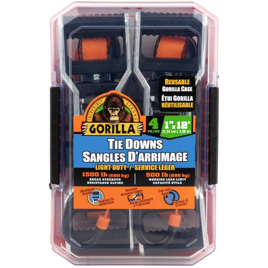 1500 lb Light Duty Ratchet Straps - 1" x 12', 4 Pack