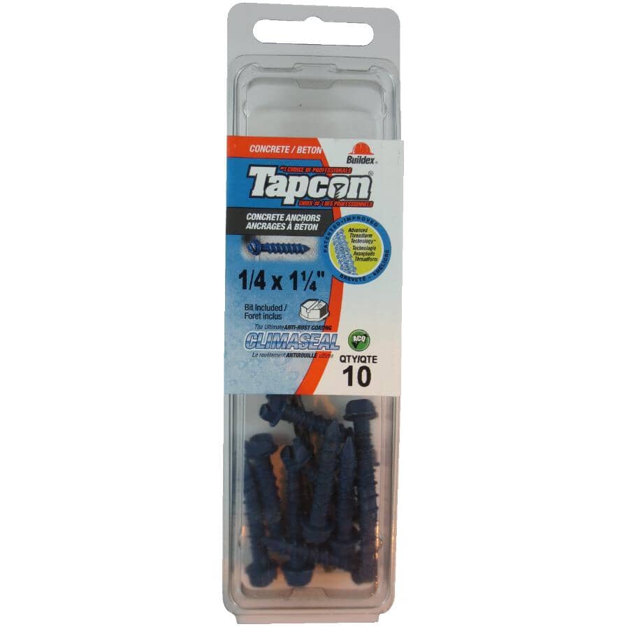 10 Pack 1/4" x 1-1/4" Hex Head Concrete Screws, with Drill Bit