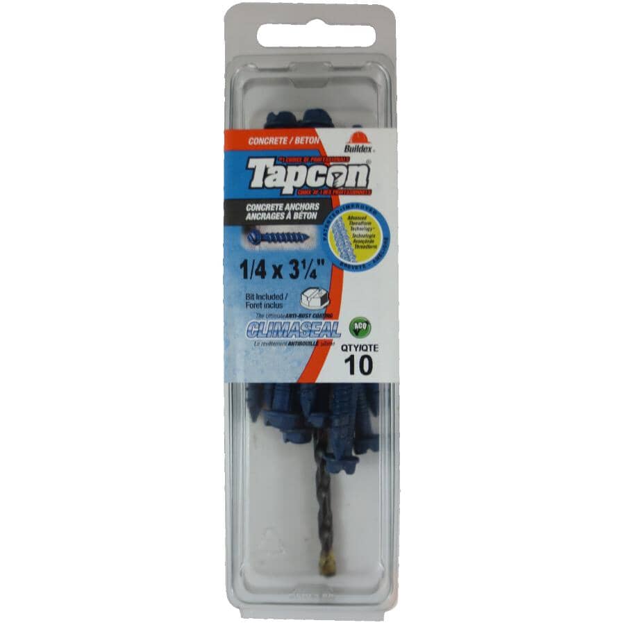10 Pack 1/4" x 3-1/4" Hex Head Concrete Screws, with Drill Bit
