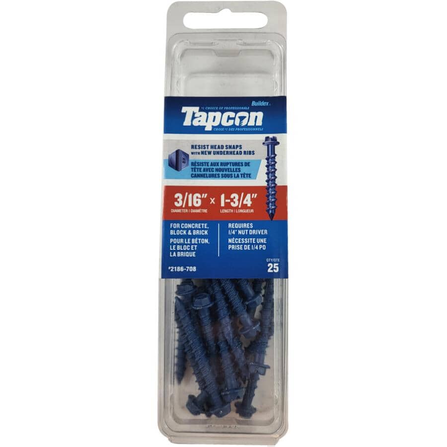 25 Pack 3/16" x 1-3/4" Hex Head Concrete Screws