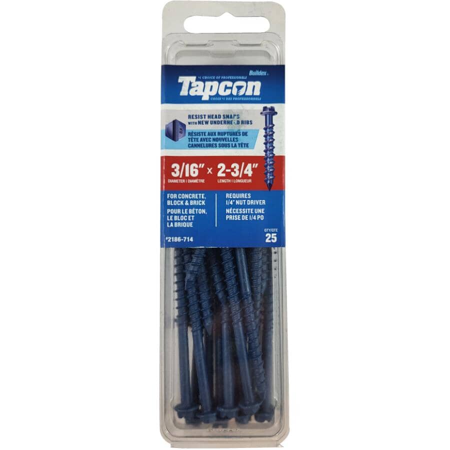 25 Pack 3/16" x 2-3/4" Hex Head Concrete Screws