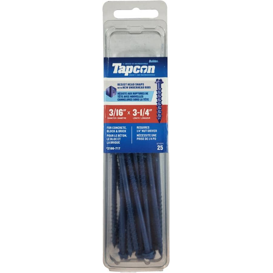 25 Pack 3/16" x 3-1/4" Hex Head Concrete Screws