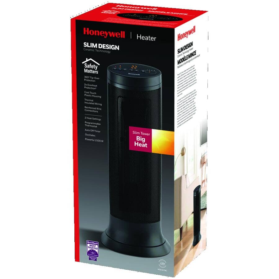 750W - 1500W Slim Ceramic Tower Heater - Black