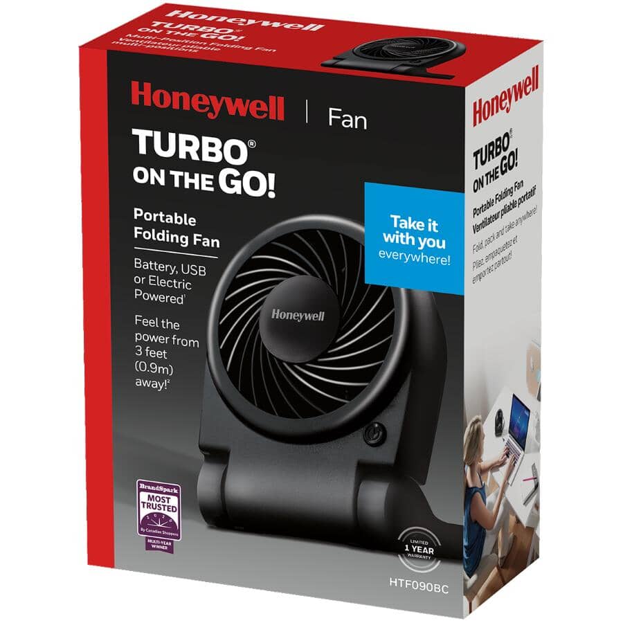 Turbo On The Go Personal Fan - with Portable Folding + USB Cable, Black