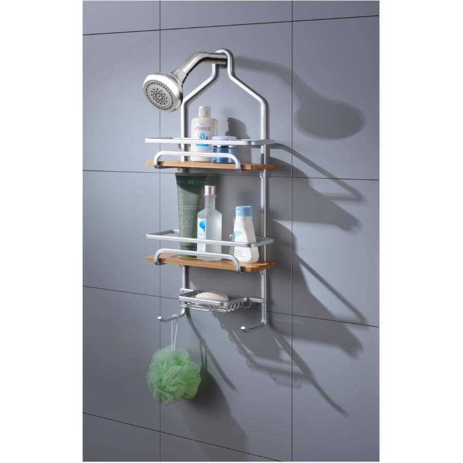 Bamboo 2 Tier Shower Caddy - with Soap Dish, Silver