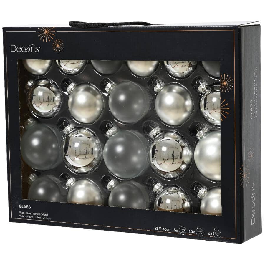 21 Pack Bauble Glass Ornaments - Silver