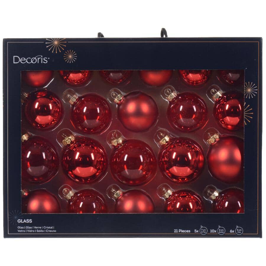 21 Pack Bauble Glass Ornaments - Red