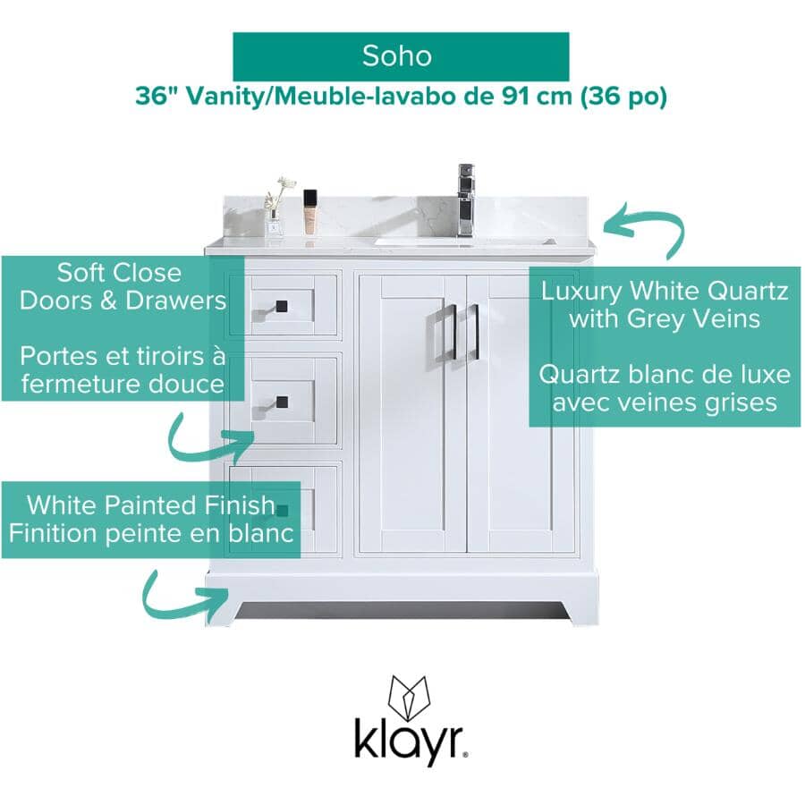 36" W x 22" D Soho Vanity with Quartz Stone Top - White