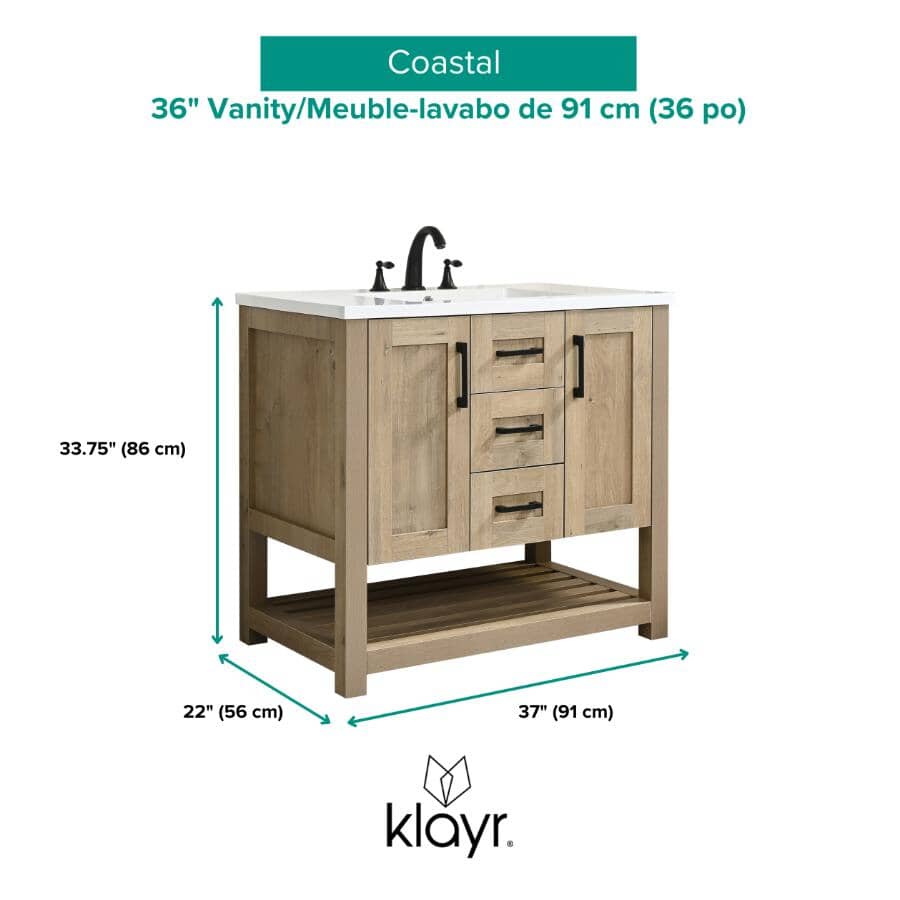 37" W x 22" D Coastal Vanity with Cultured Marble Top - Two Doors + Two Drawers, Birch