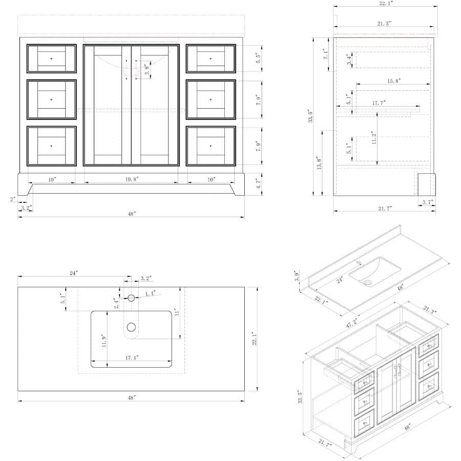 48" W x 22" D Soho Vanity with Quartz Stone Top - White