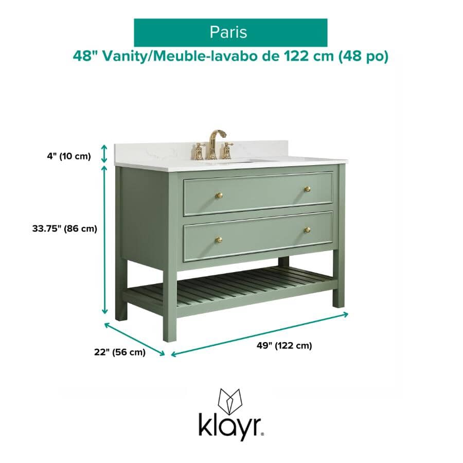 49" W x 22" D Paris Sink Vanity with Calacatta Quartz Stone Top - Four Drawers, Green