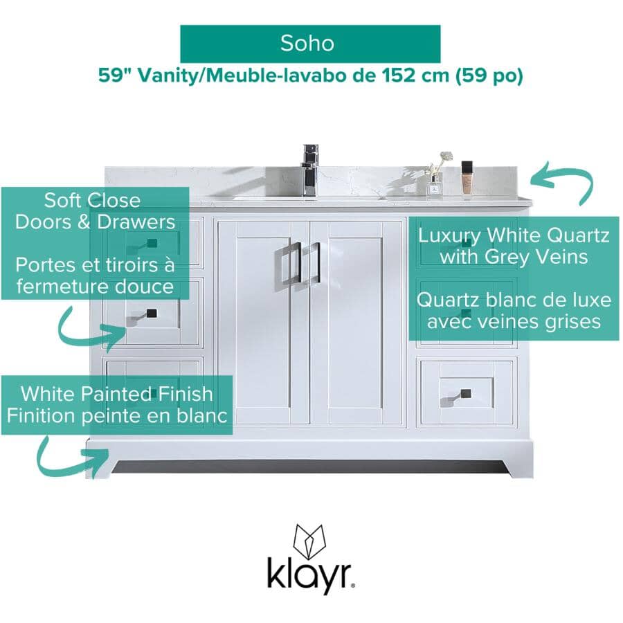 59" W x 22" D Soho Vanity with Quartz Stone Top - White