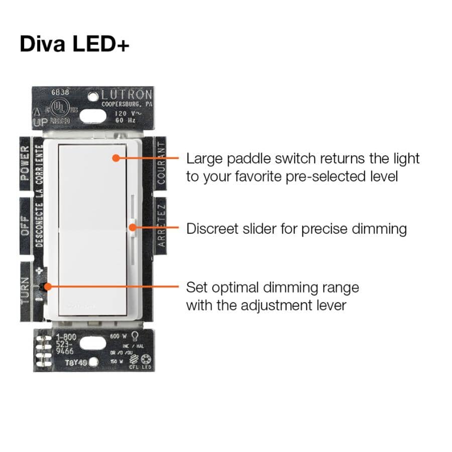 Diva Single Pole + 3 Way Dimmer Switch for CFL and LED Light Bulbs - White