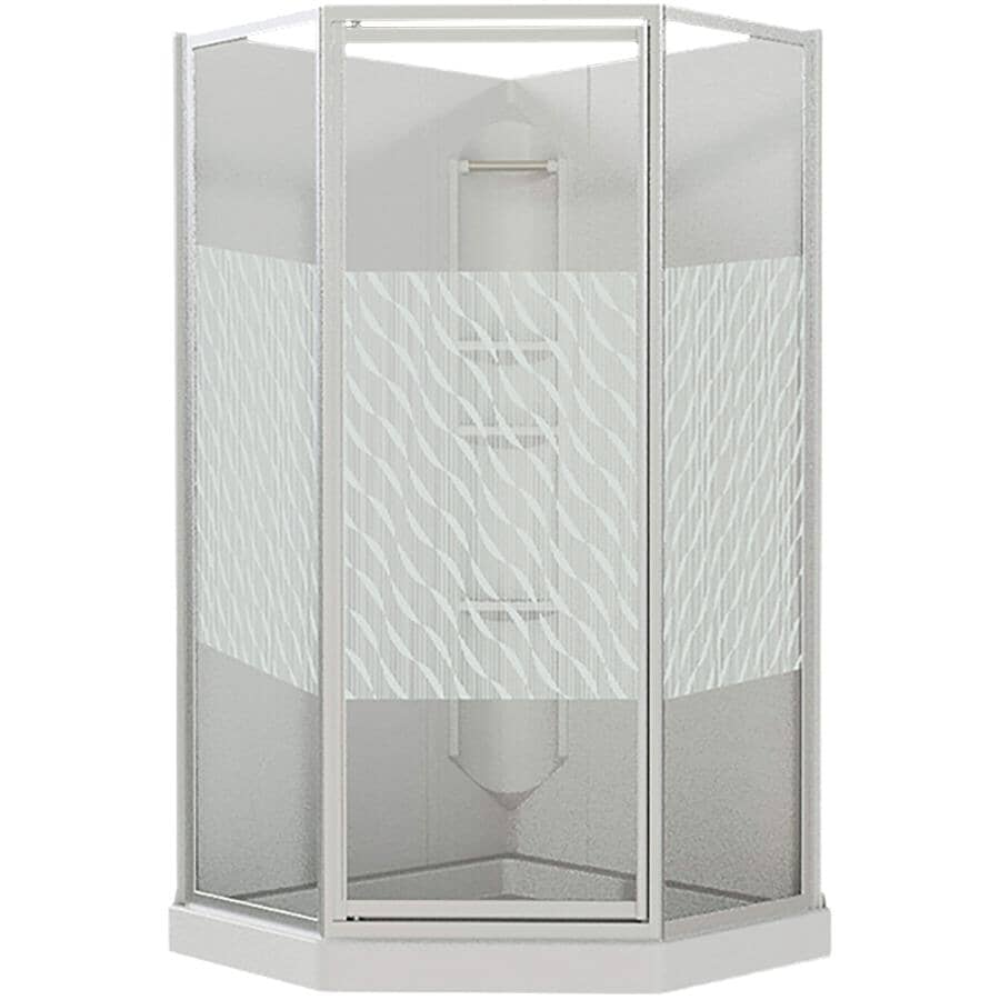 38" x 38" Himalaya 3 Piece Polystyrene Neo Angle Corner Shower Kit - White + Clear Glass & Wavy Vertical Stripes