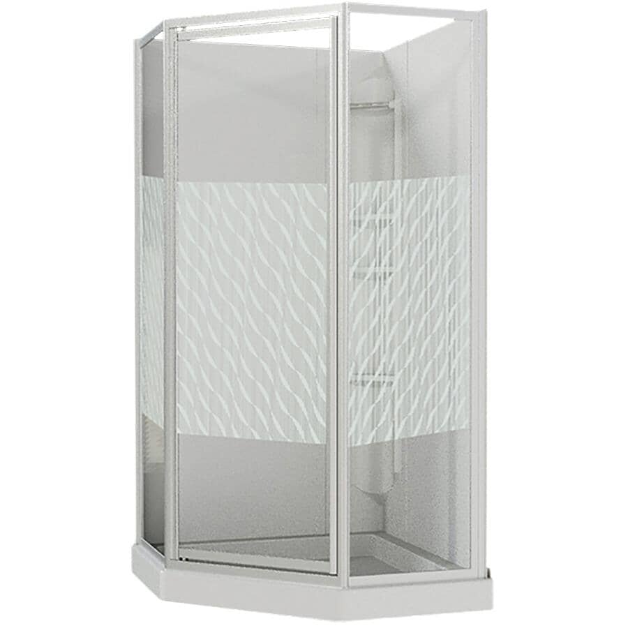 38" x 38" Himalaya 3 Piece Polystyrene Neo Angle Corner Shower Kit - White + Clear Glass & Wavy Vertical Stripes